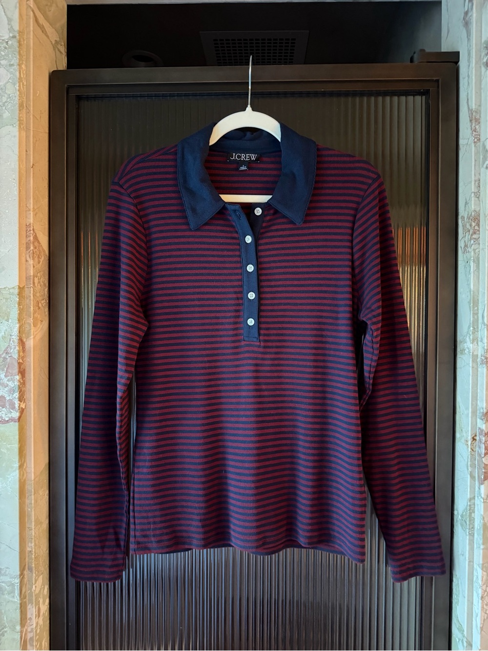 J.Crew - Perfect Polo Ribbed Shirt, Jade Stripe Wilshire Navy, Size Large